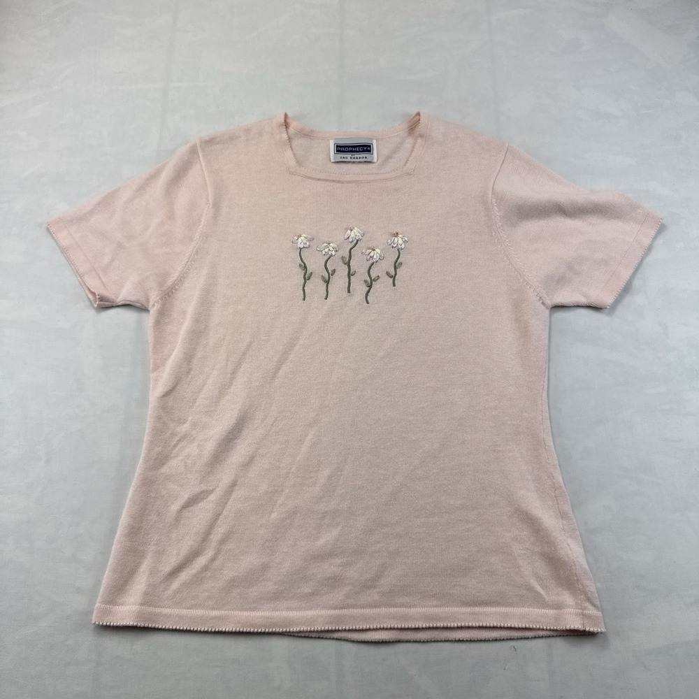 Prophecy Sag Harbor Pink Embroidered Daisy Sweater Women Small